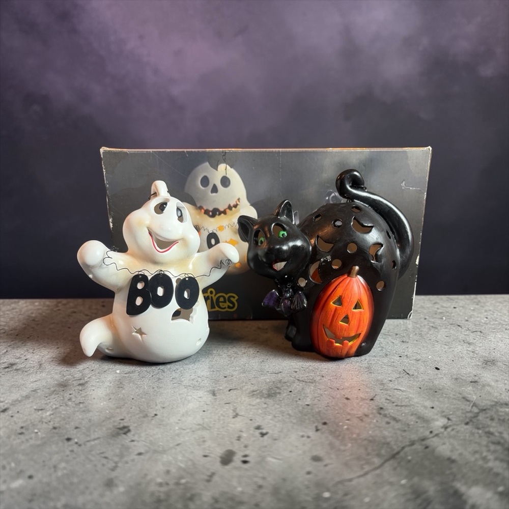 VINTAGE 90S JCPENNEY BOOTASTIC HALLOWEEN CERAMIC LUMINARIES SET OF 2